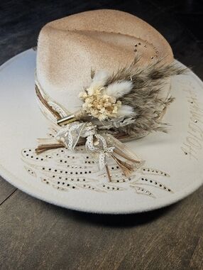 NEW Ivory hand burned fedora cowboy hat with rhinestones HOLD MY HALO